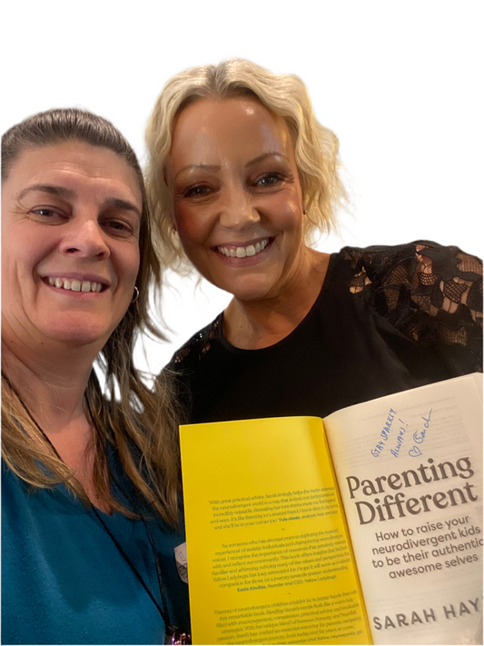 Sarah Hayden holding signed copy of book with Sharleen from Sensory Play Store Australia