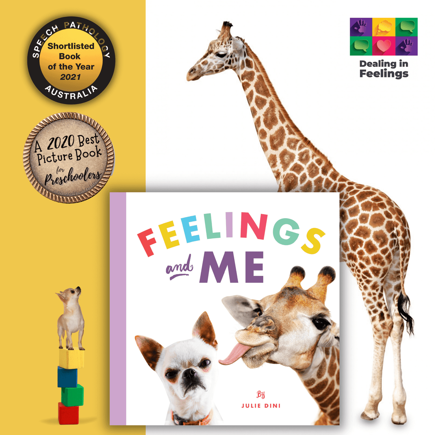 Book titled 'Feelings and Me' with a giraffe and dog illustration, on a yellow and white background.
