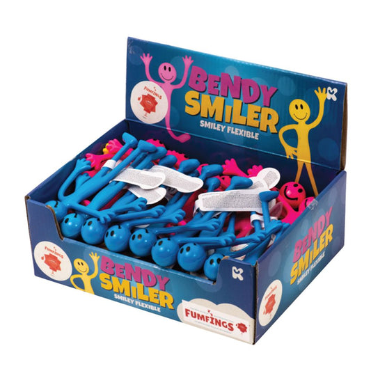 Retail box of blue, pink and yellow Bendy smiler man