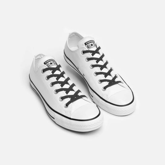 Black elastic no tie laces in a pair of white converse