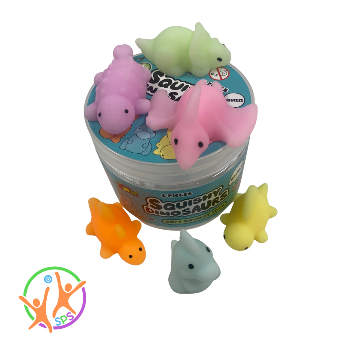 6 squishy dinosaurs sitting on and around tub