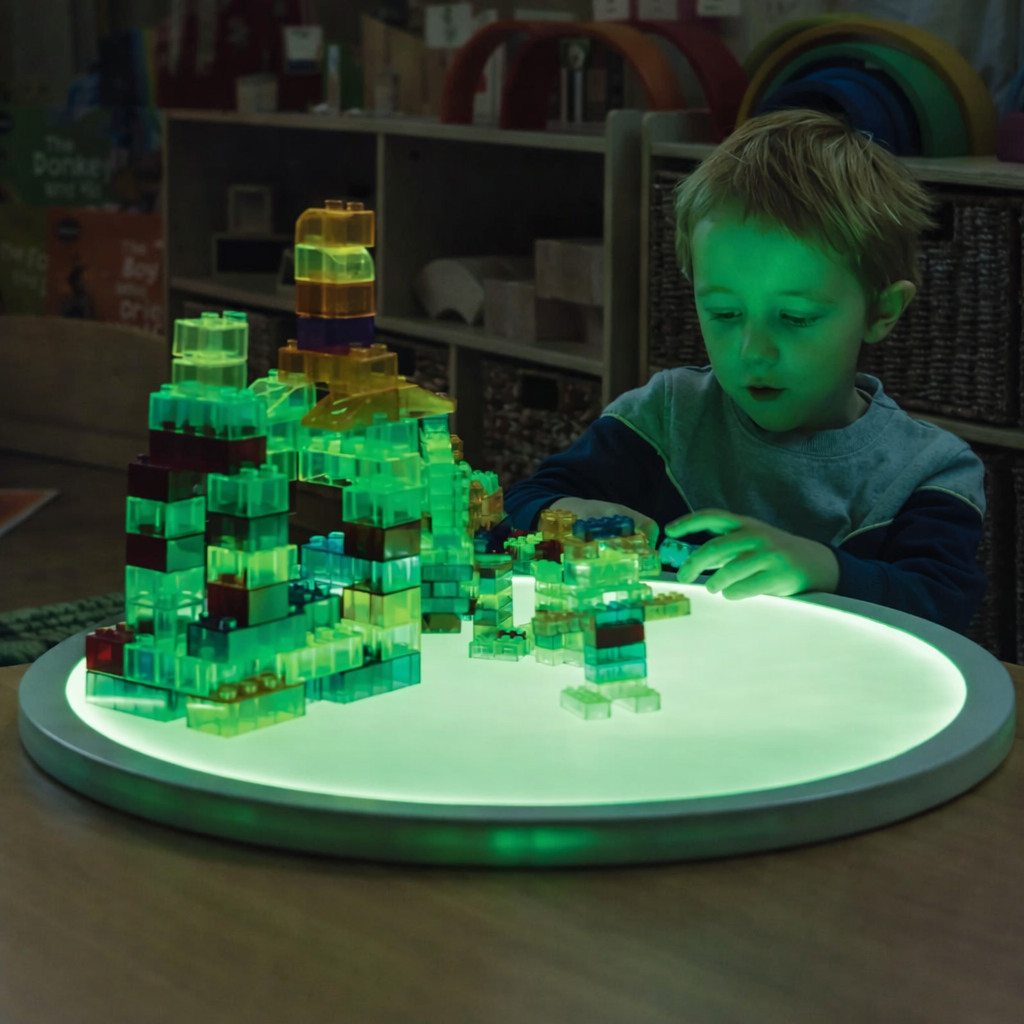 Child playing with glowing green building blocks on a lit table