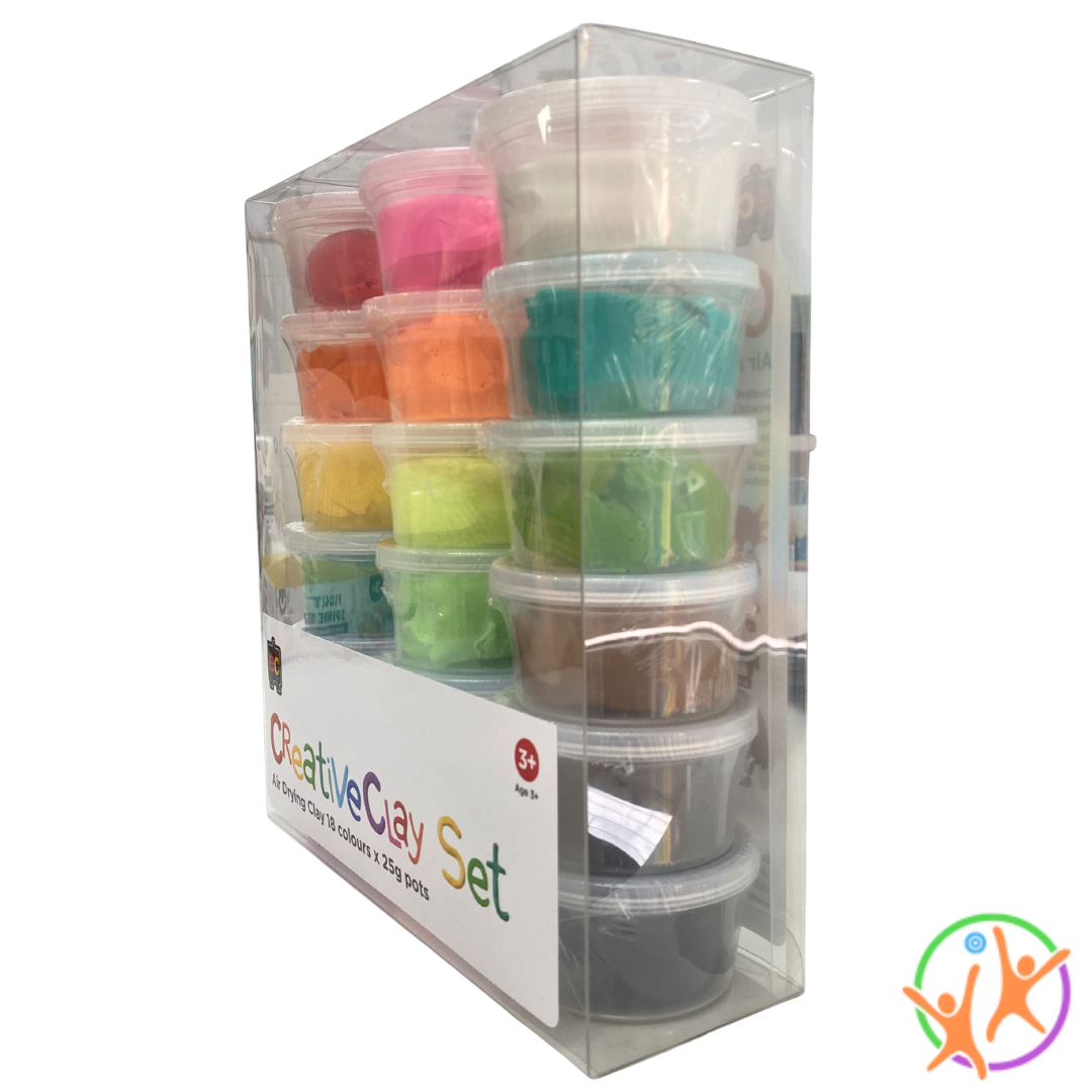 Set of colorful clay pots in a clear packaging box with 'Creative Clay Set' branding.