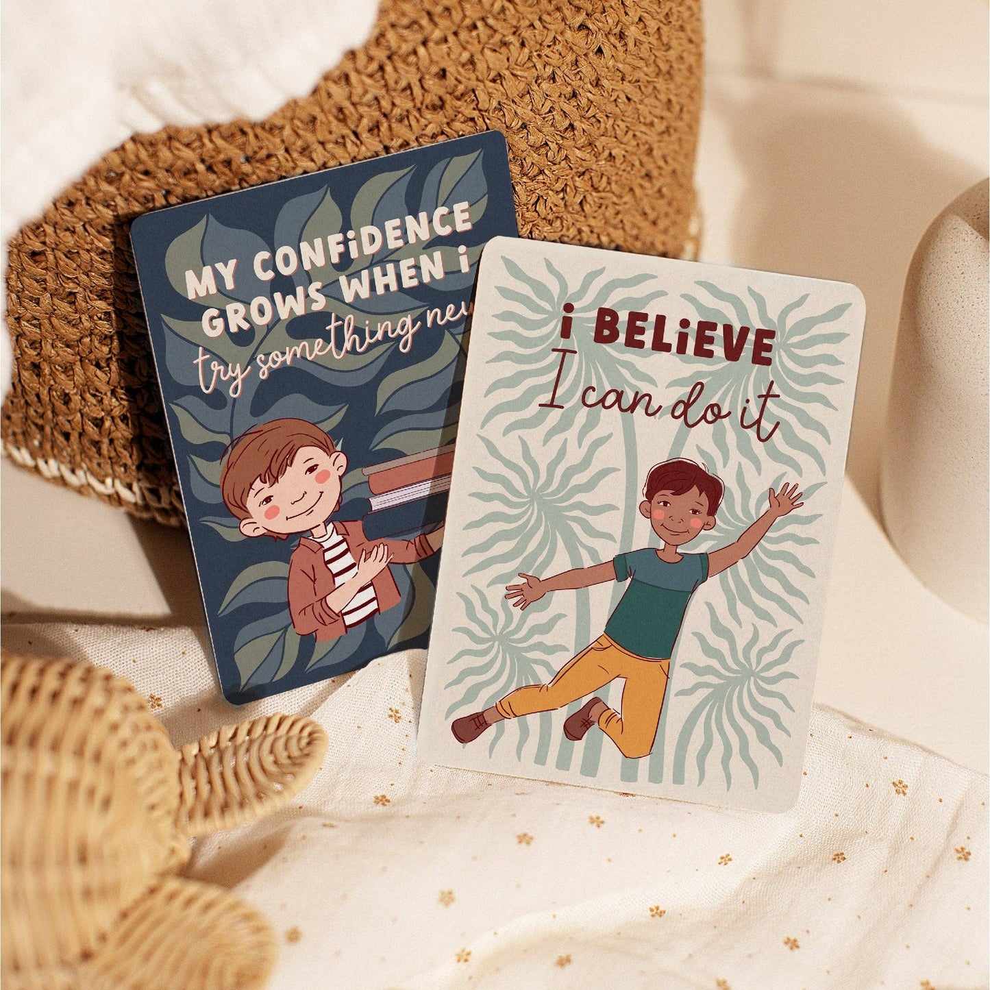 Two motivational cards with illustrations and text about confidence and self belief on textured cushion.