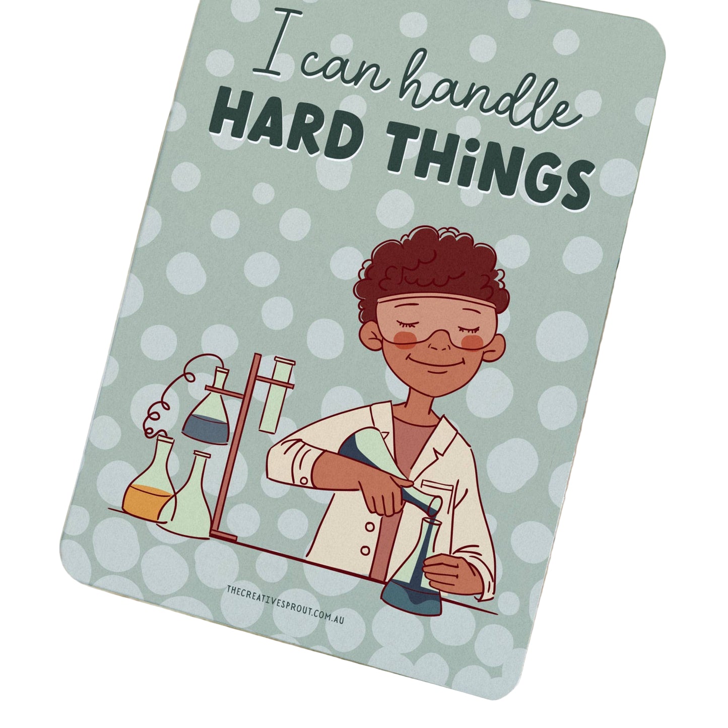 anxiety affirmation Card with a cartoon scientist holding a beaker and text 'I can handle HARD THINGS'