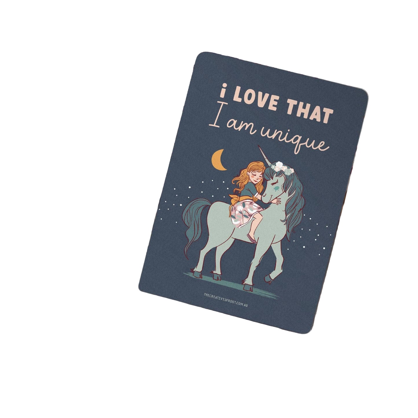Cretive Sprout children's Anxiety Affirmation Card with unicorn illustration and text 'I LOVE THAT I am unique'