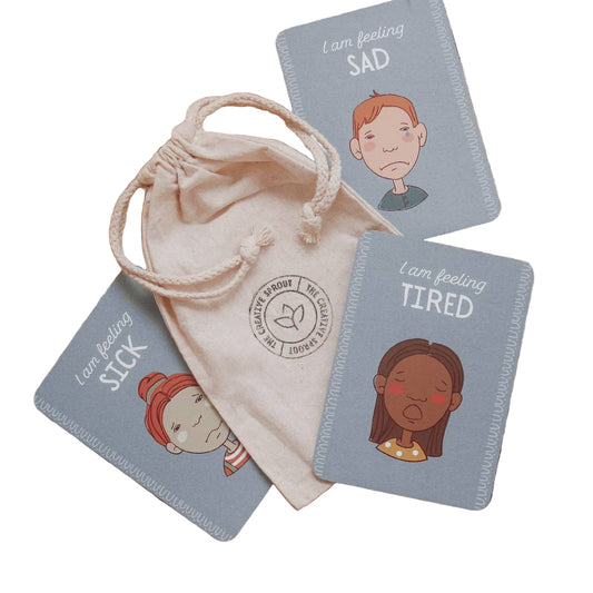 3 Emotions Cards from the blue zone of regulation with a calico drawstring carry bag