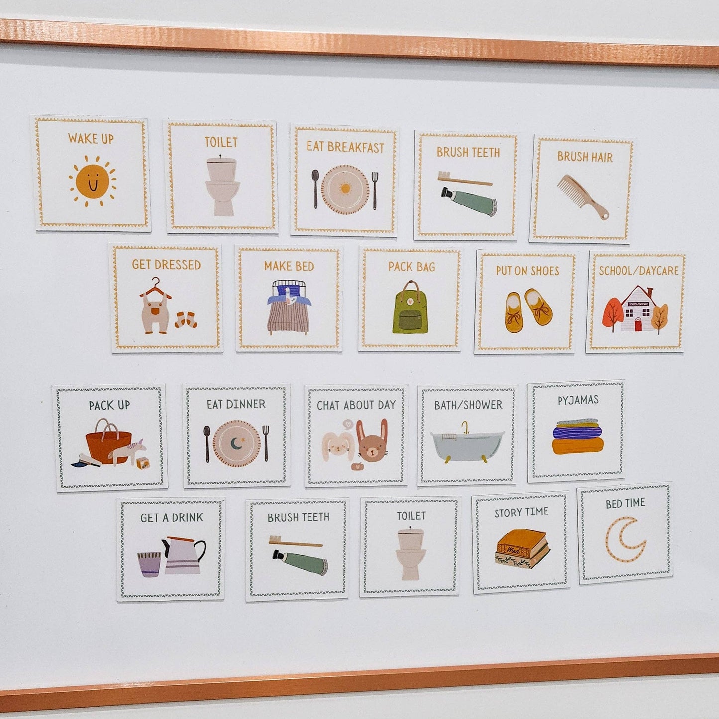 Children's magnetic visual schedule with 20 daily routine cards