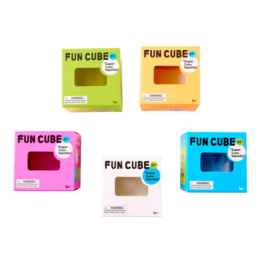 Five cube squishy toys in packaging on a white background