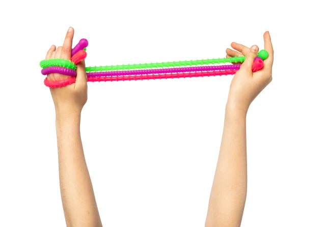 3 colourful stretchy strings by sensory sprouts being pulled by two hands