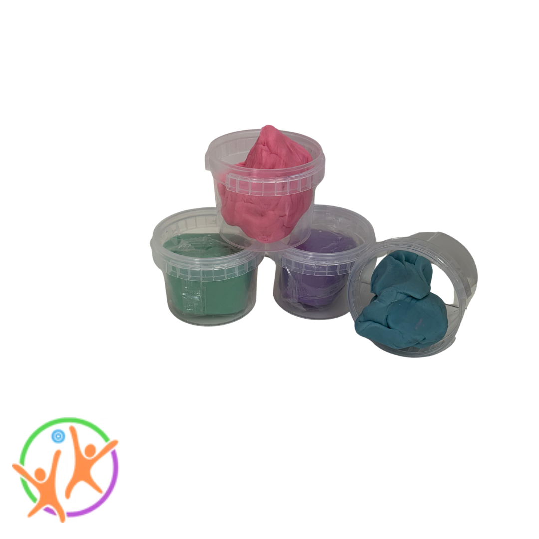 Four containers of colorful pastel dough on a white background with a logo in the corner.