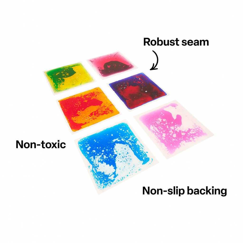features of Elizabeth Richards Liquid Sensory Floor Tiles Australia include text that reads robust seam, non-toxic and non-slip backing
