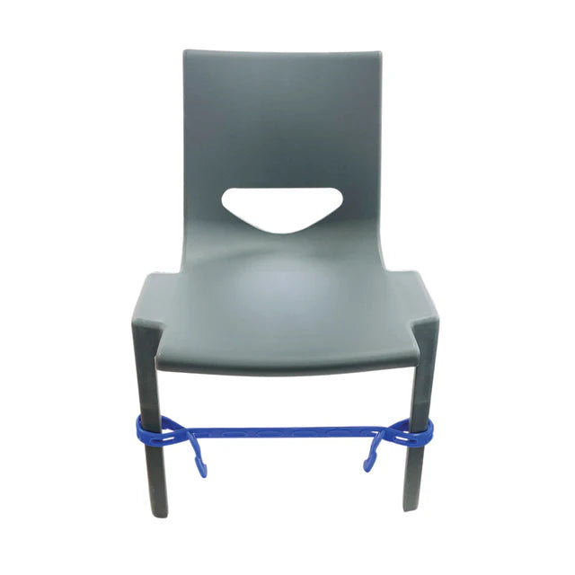 Gray chair tied with a blue movement band attached across the front legs.