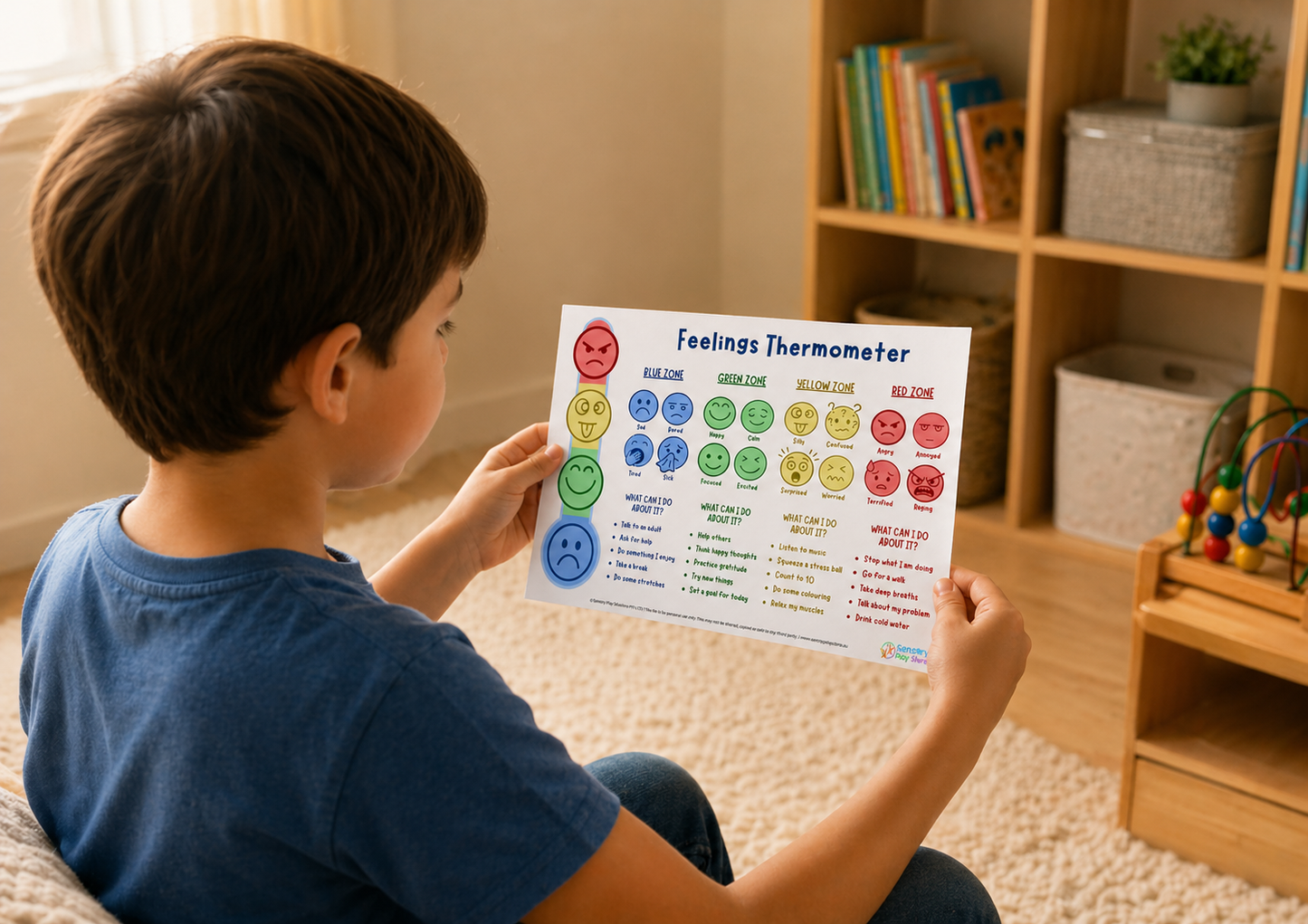 Child holding and reading feelings thermometer poster