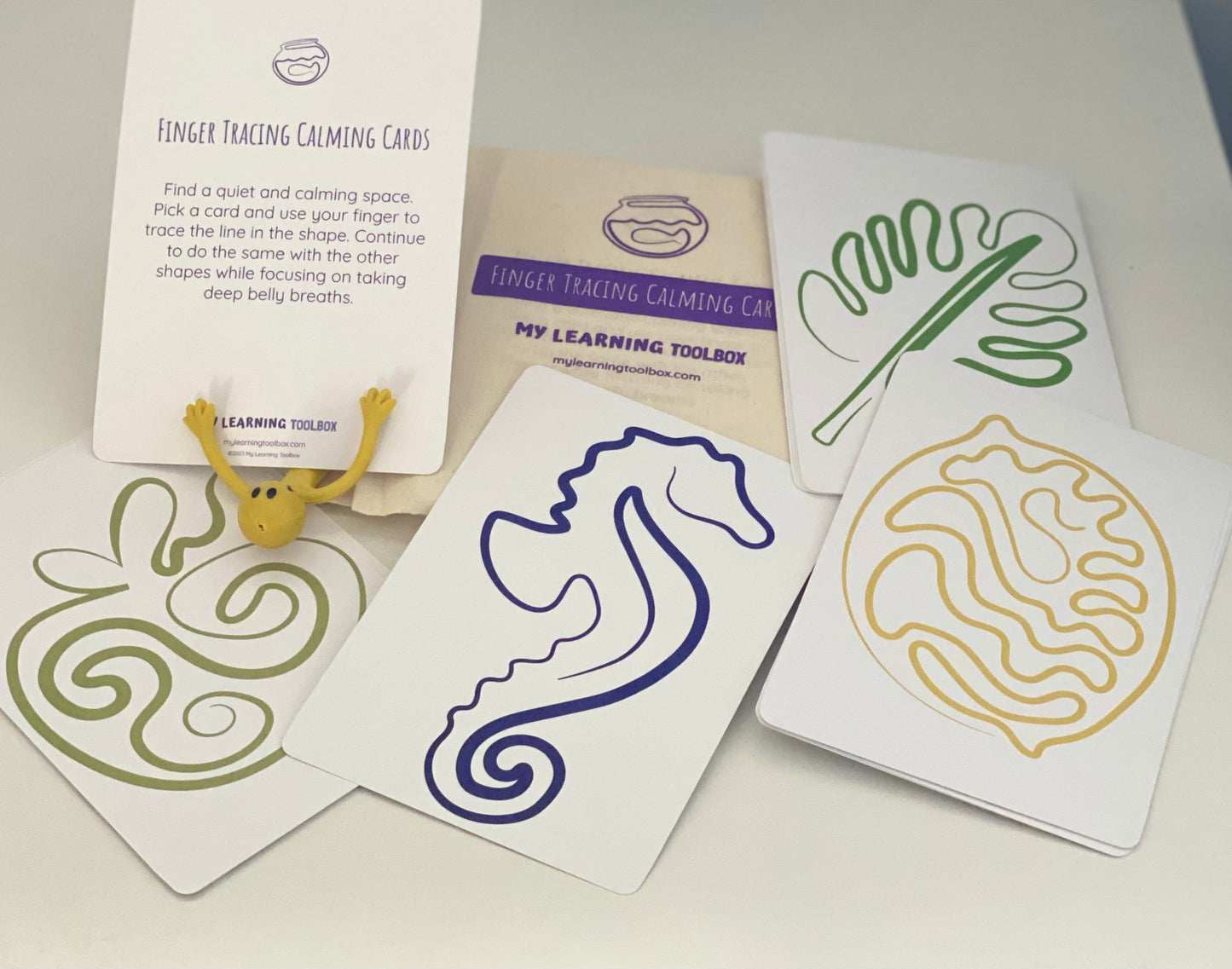 Bendy man holding finger tracing calming cards