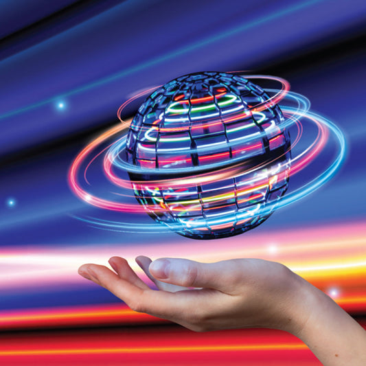 Flying Orb Ball hovering above a hand with glowing RGB LED light trails and a vibrant motion-blur background.