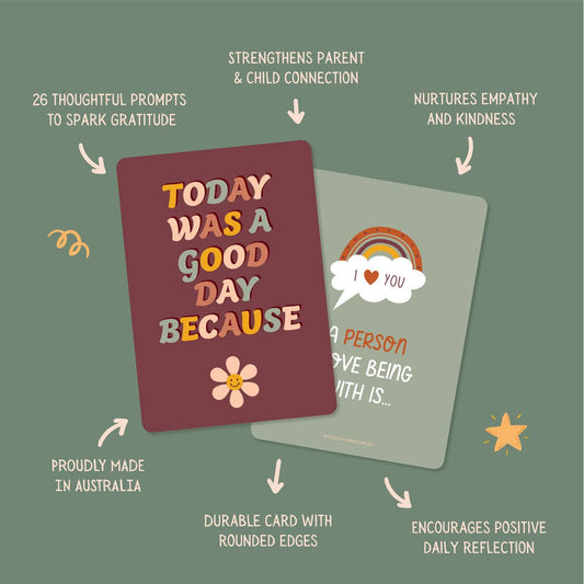 Gratitude cards on a green background with text showing features of cards