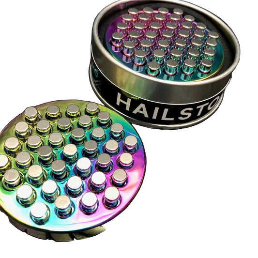 Colourful oil slick 'Hailstorm' with silver pins