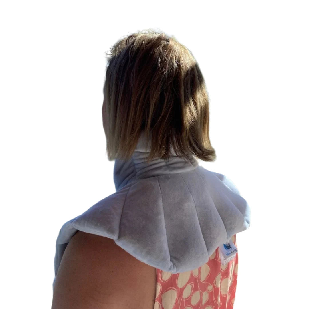 Heated or chilled weighted neck wrap back view on a ladies shoulders