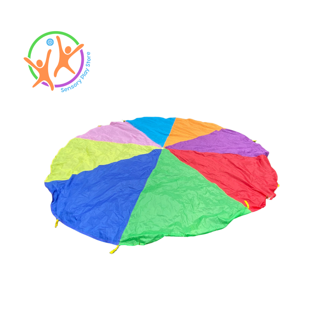 4m rainbow parachute with yellow handles around buy from Sensory Play Store