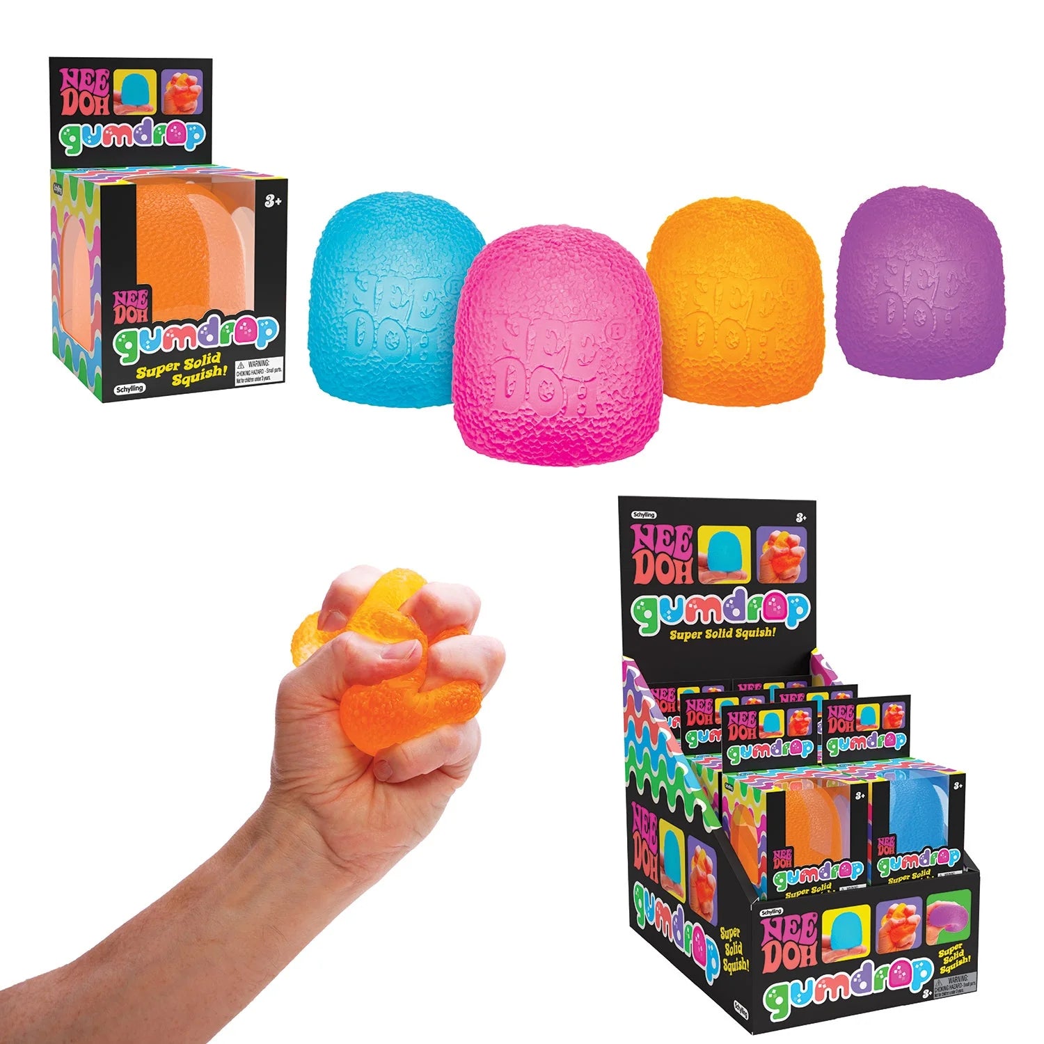 Colorful gumball-shaped stress balls with packaging and a hand holding an orange ball.