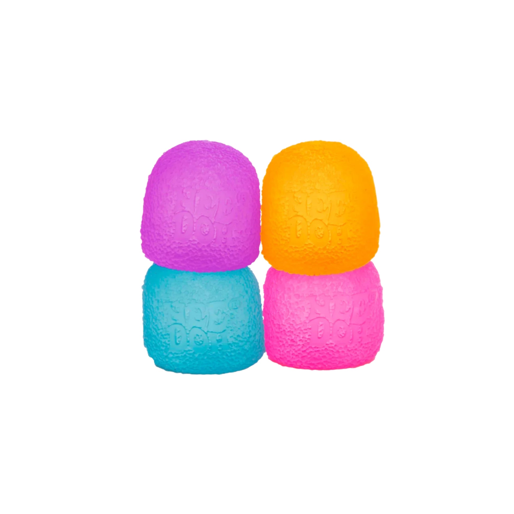 Four colourful textured needoh gumdrop stress balls stacked 2 by 2 on a white background