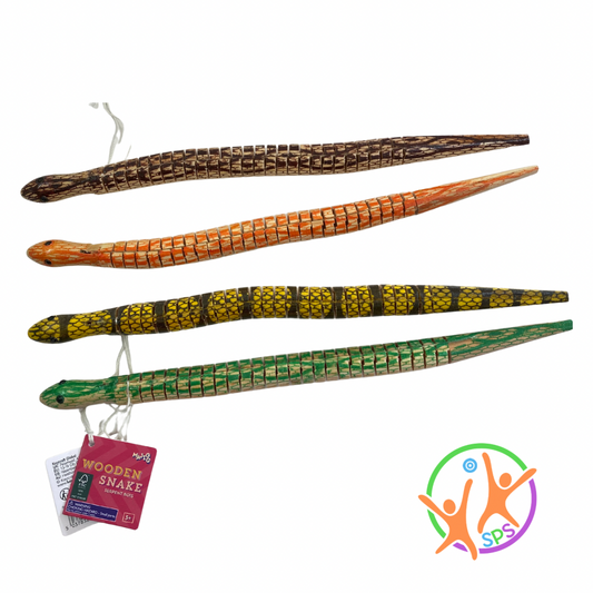 4 x different colorful wooden snakes in brown, orange, yellow and green