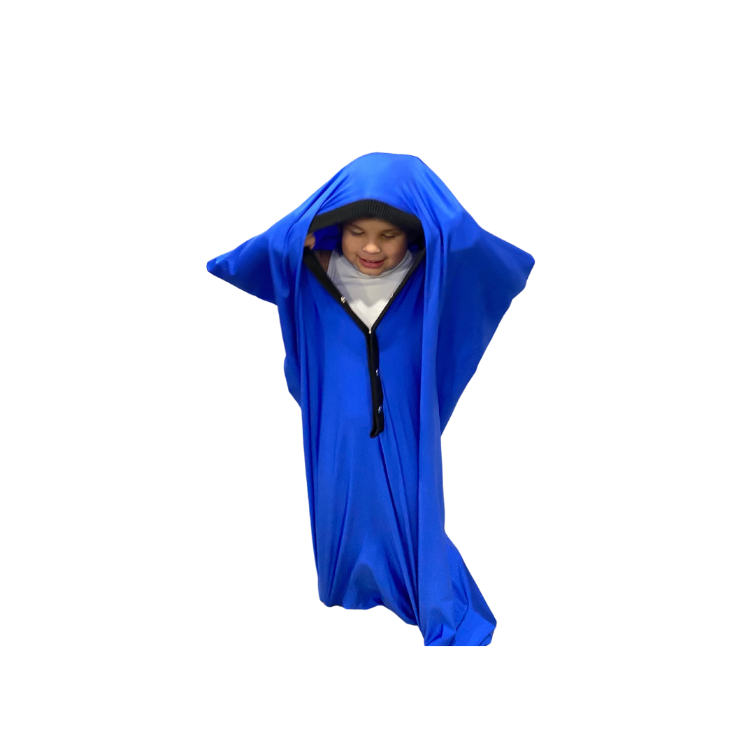 Child standing in sensory body sock