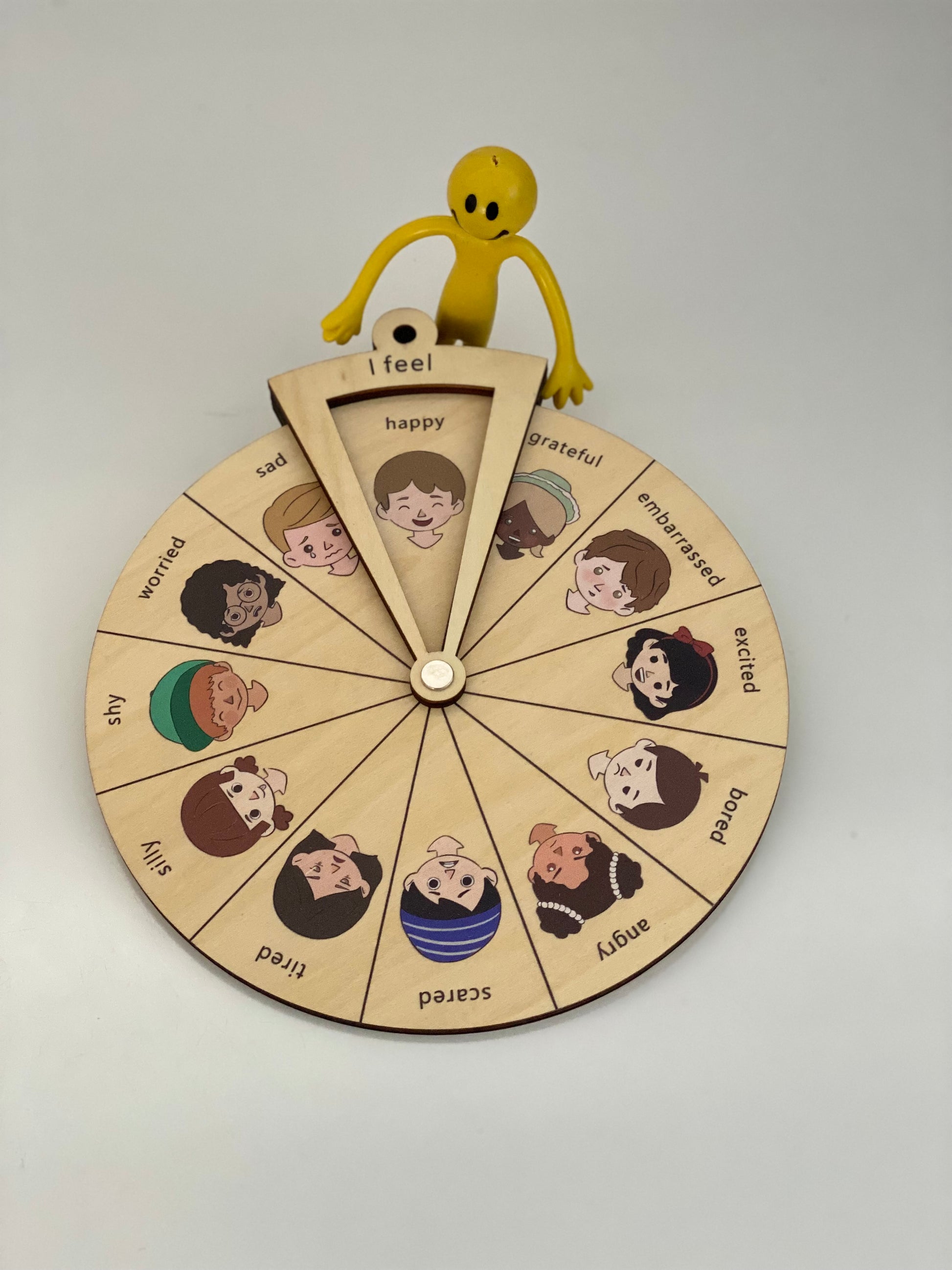 wooden wheel of feelings with Bendy man