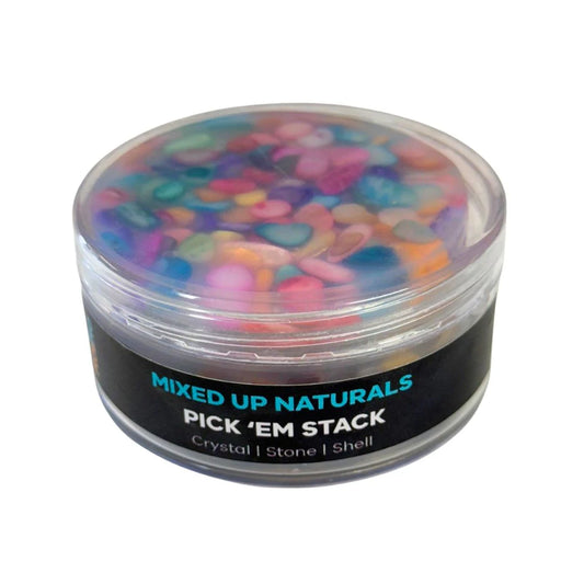 Clear container with round silicone sensory picking pads inside with embedded crystals, shells and stones for satisfying extraction and fidget play.