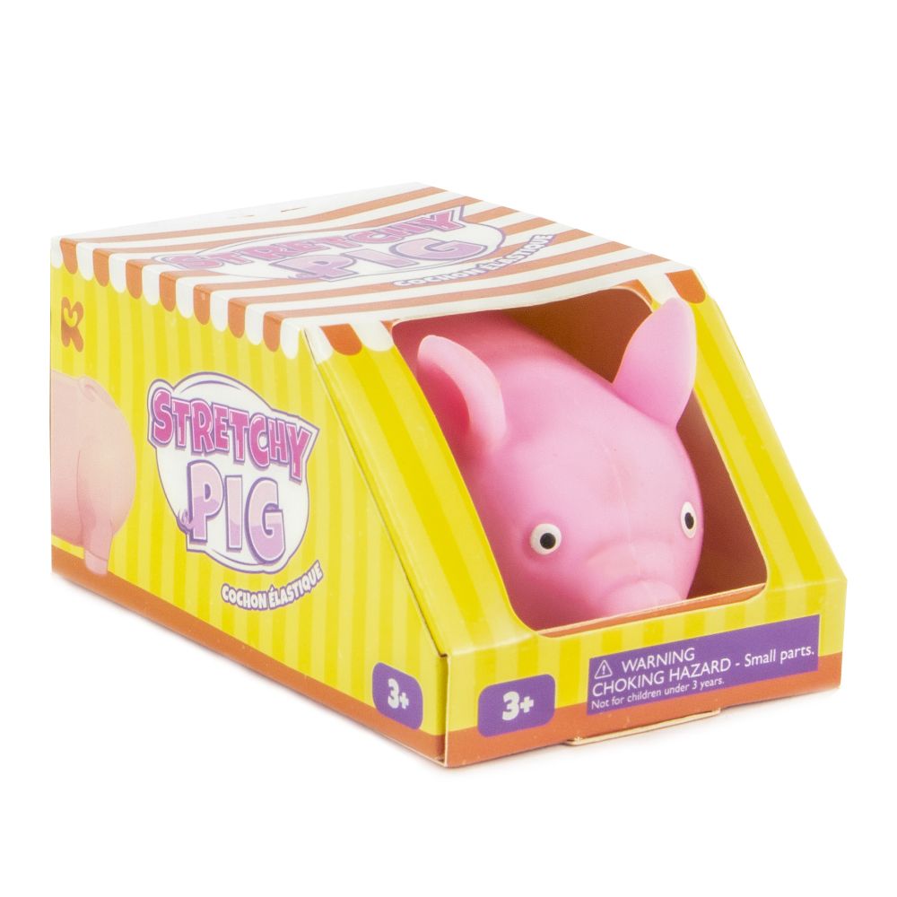 Pink Stretch Pig fidget toy in Keycraft yellow box with 'Stretchy Pig'