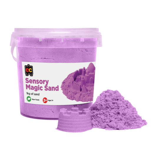 Purple sensory magic sand for play trays with a container on a white background