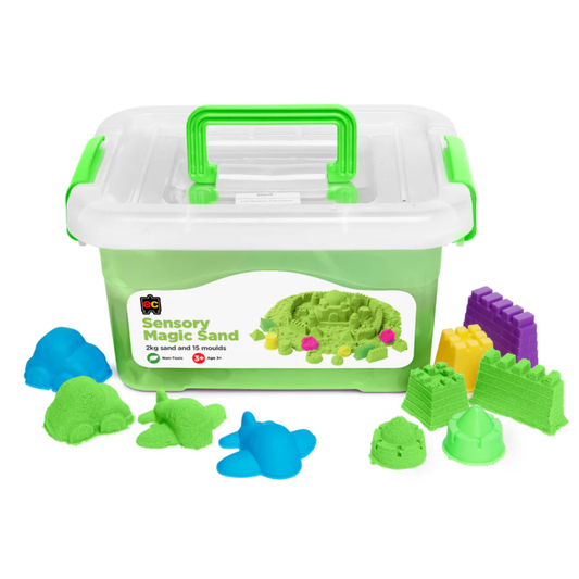 Green sensory sand kit with moulds for a full tray of sensory sand on a white background