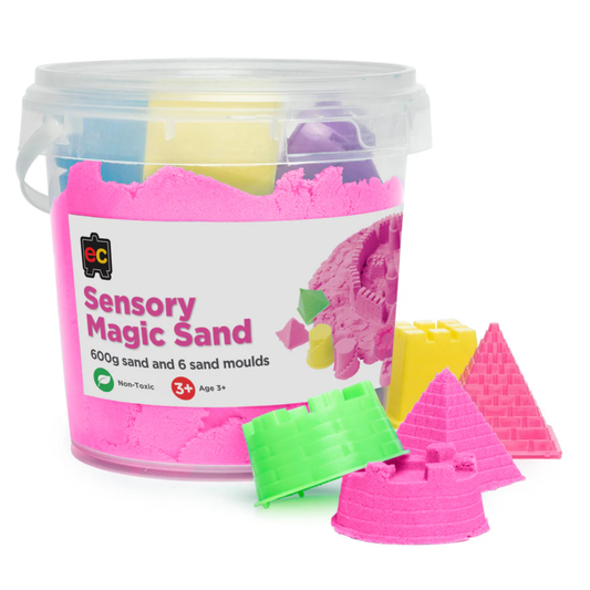 Sensory magic sand mini kit with container, sand and moulds on a white background