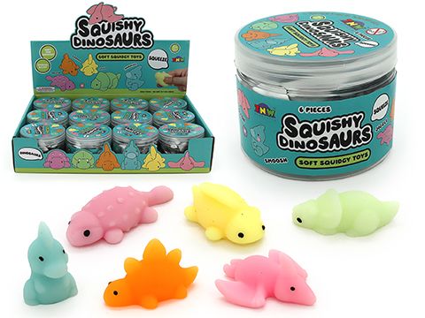 6 coloured Squishy dinosaurs toys 6 pack in tub with packaging