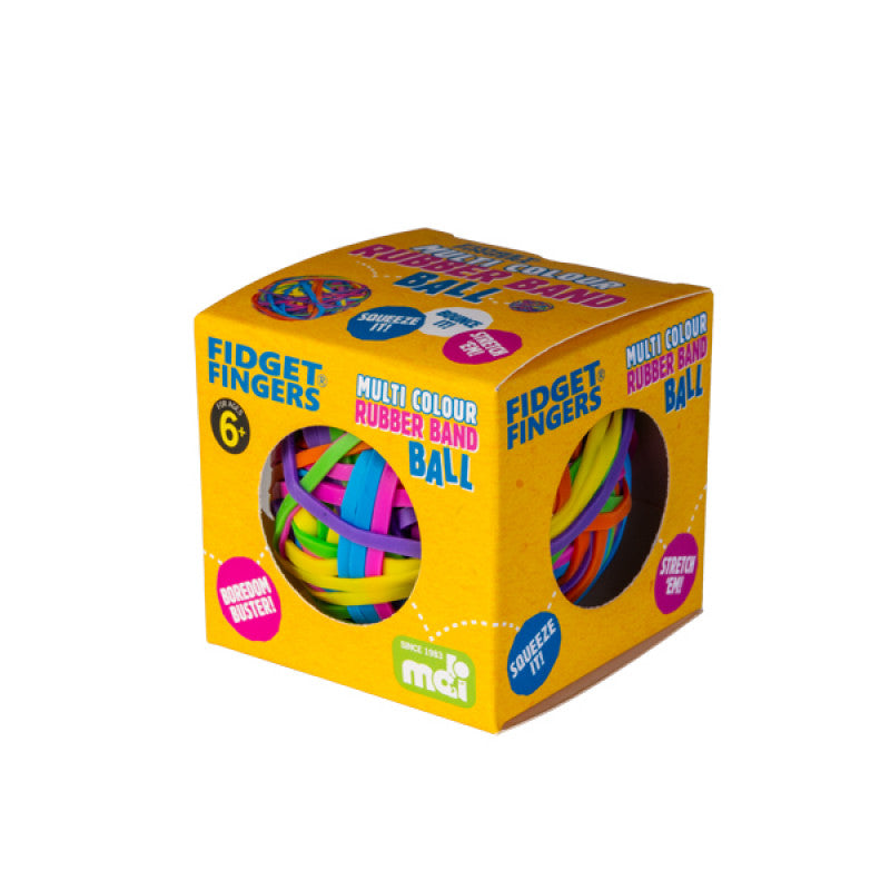 Yellow box of multi-colour rubber band ball on a white background