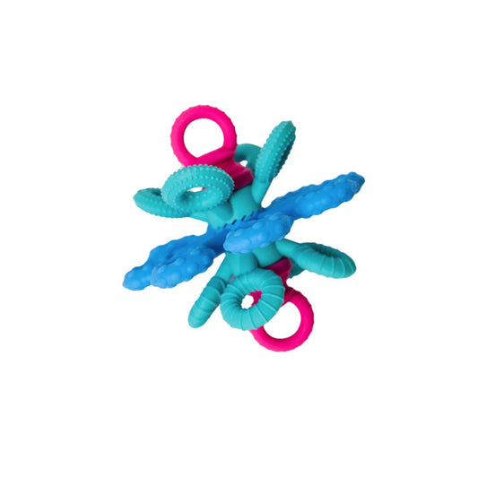Okee activity ball for babies is like a Teal and pink baby teething toy