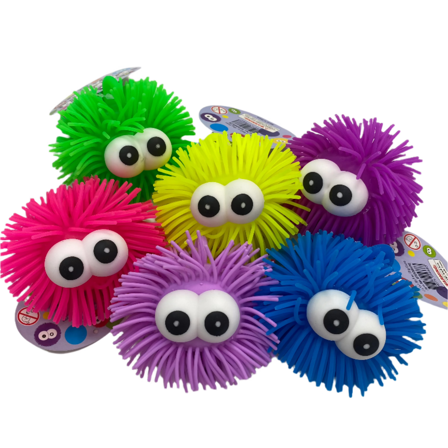 brightly coloured puffer balls with eyes