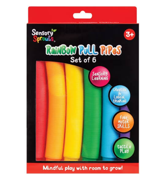 Packaging of Sensory Sprouts Rainbow Pull Pipes 6 pack