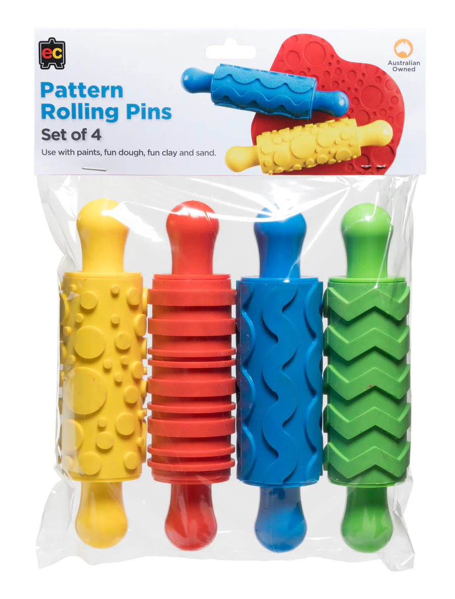 Set of four colorful pattern rolling pins in packaging with 'EC' branding.