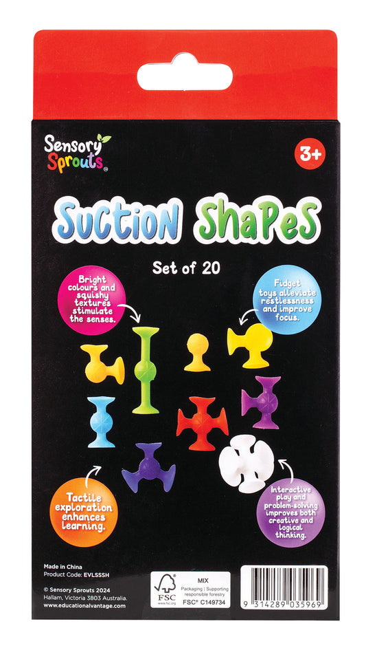Packaging of Sensory Sprouts Suction Shapes with colorful suction cups on a black background listing features