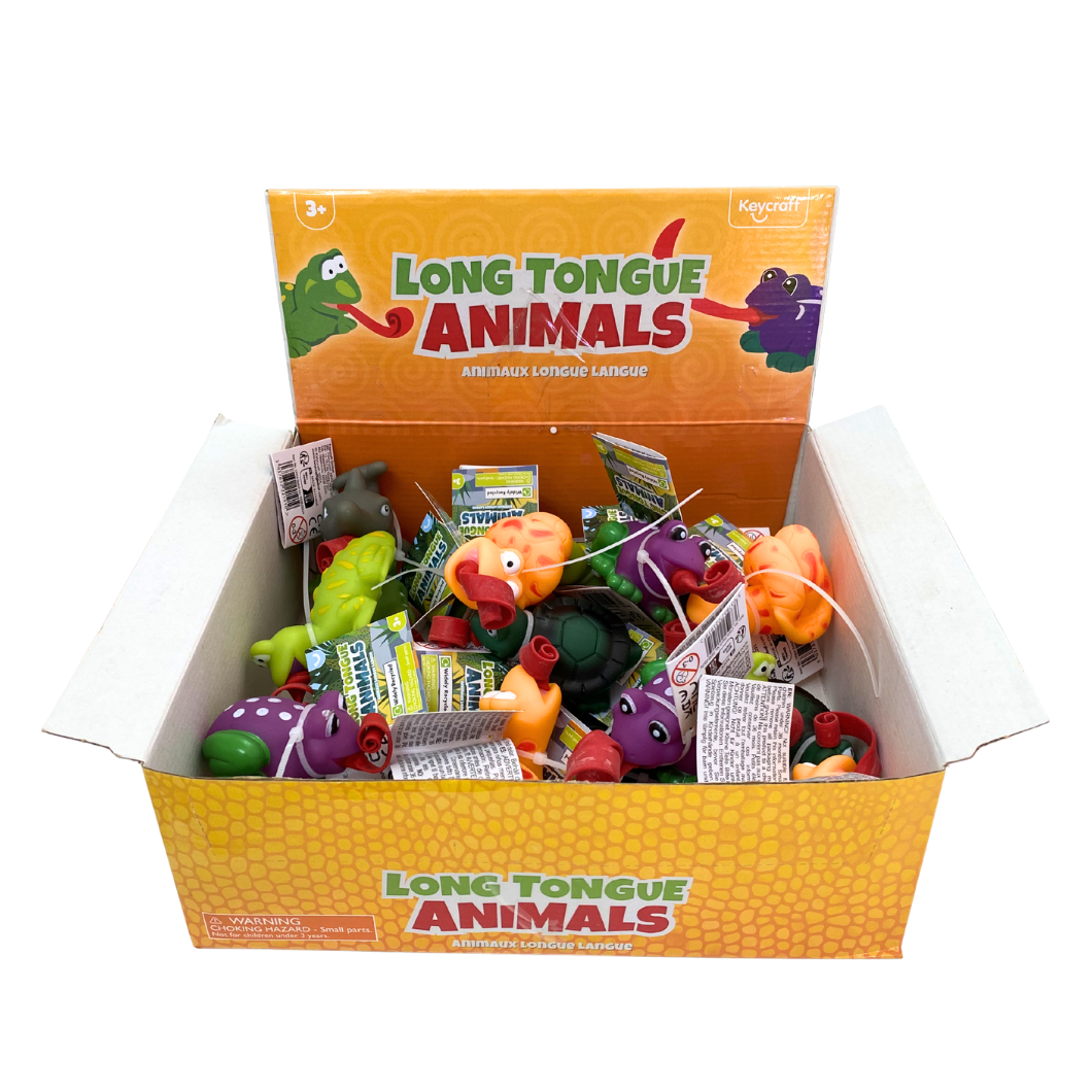 Display box of squeeze long tongue animals on a white background