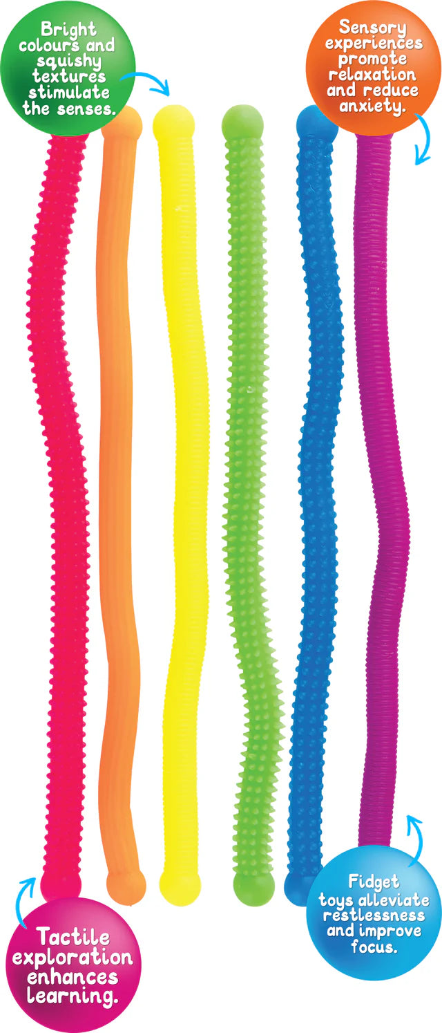 6 colourful stretchy noodles each with a different texture