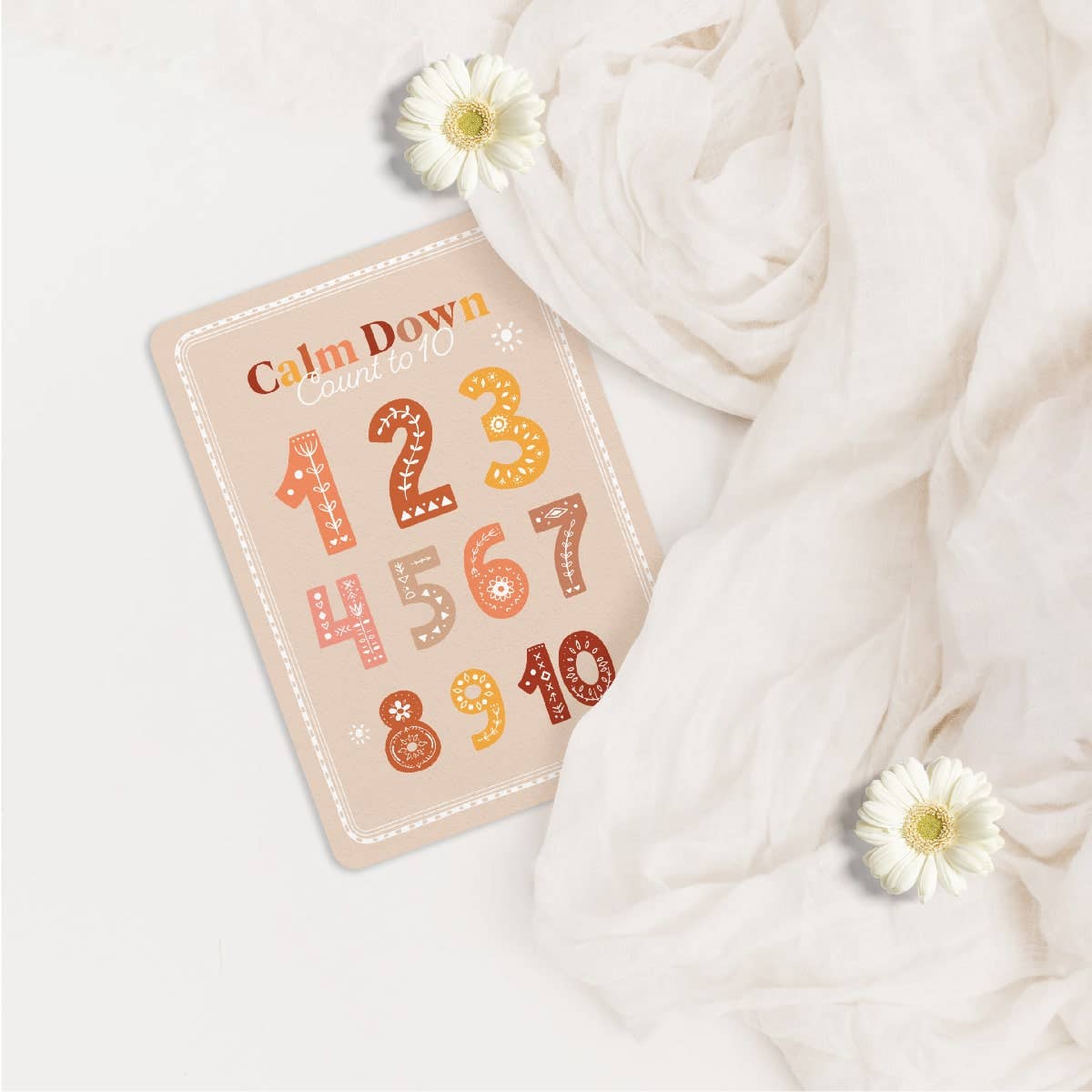 Card with numbers 1 to 10 and 'Calm Down' text on a white background with flowers