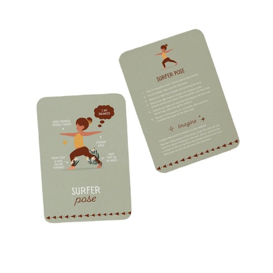 Front and back view of the surfer pose mindful yoga card for kids by The Creative Sprout
