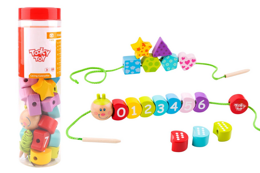 Wooden lacing caterpillar toy with numbers in tookytoy package