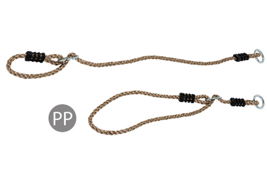Brown braided rope with metal hooks on a white background