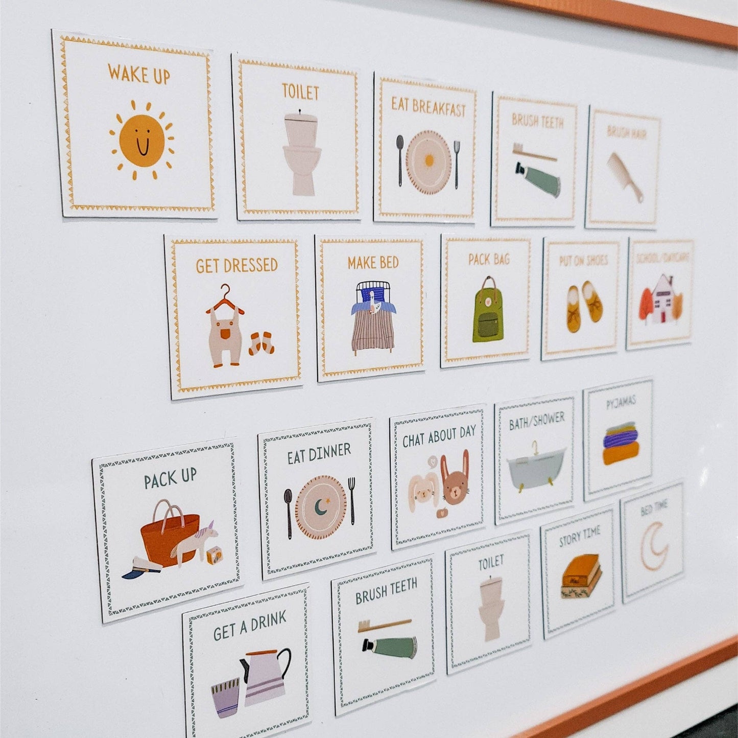 Children's daily routine chart with illustrations on a whiteboard.