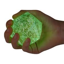 Hand holding a green glowing ball against a white background