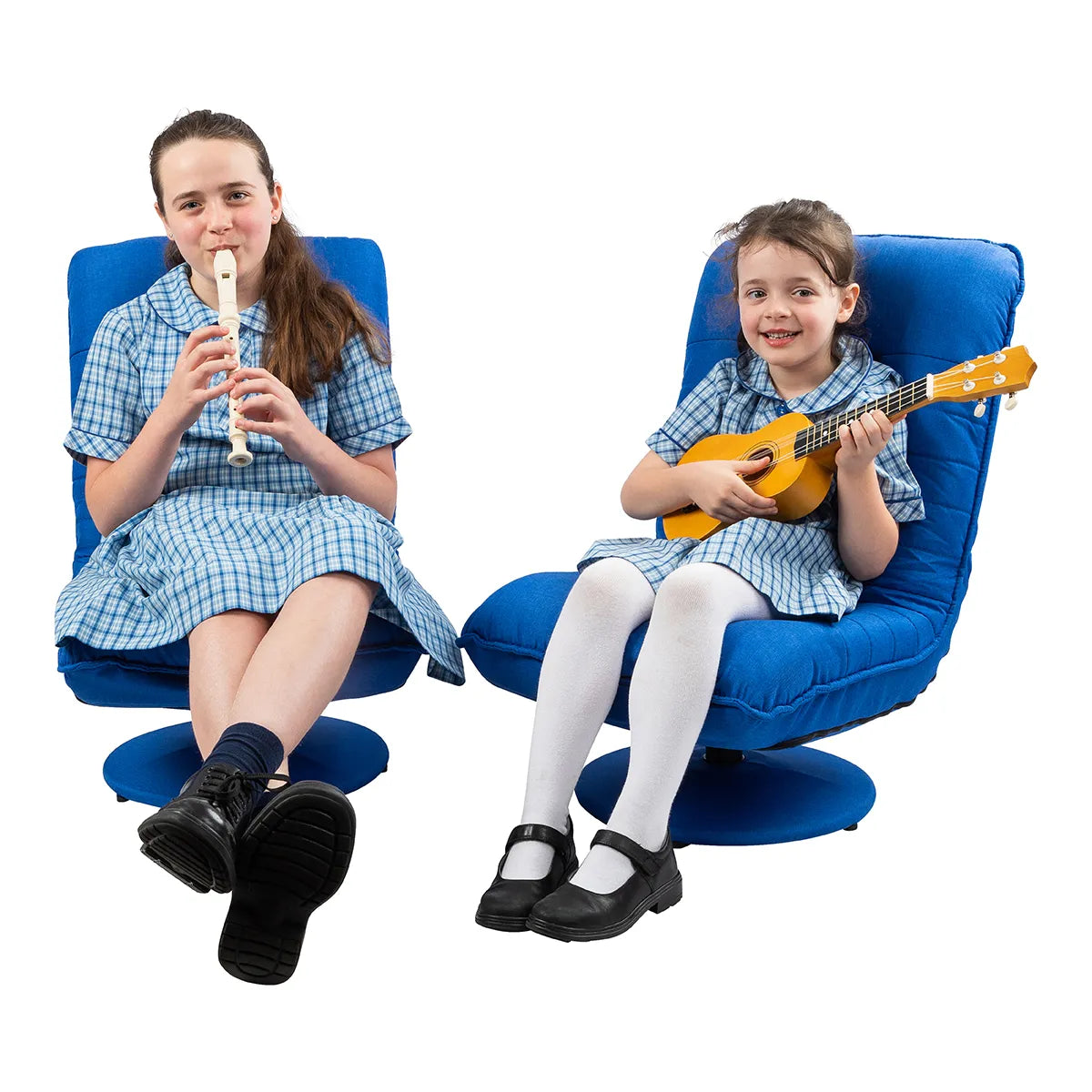 Two students sitting in swivel chairs playing instruments